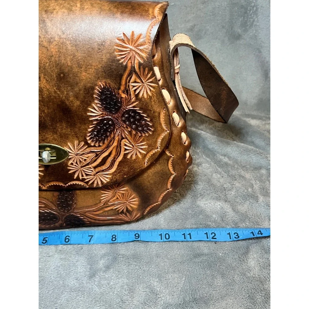 Hand Tooled Leather Pinecone Crossbody Bag Rustic Western Artisan Purse Whimsy